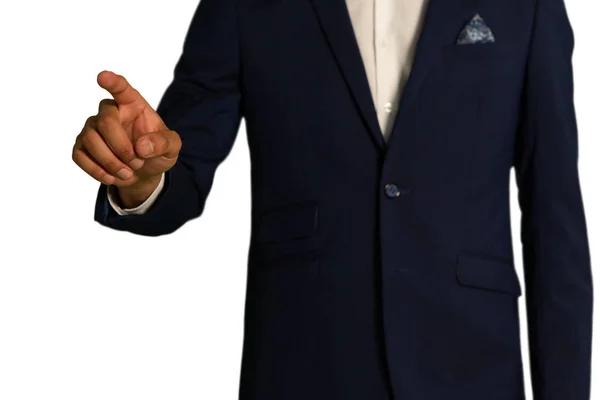 前视图中段商人穿着黑色夹克和白色衬衫 手臂抬起 手指伸长指或触摸 — 图库照片