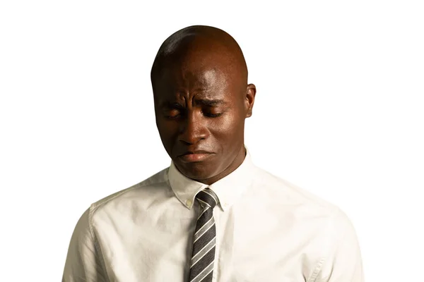 Front View Close Sad Bald Young African American Businessman Wearing — Stock Photo, Image