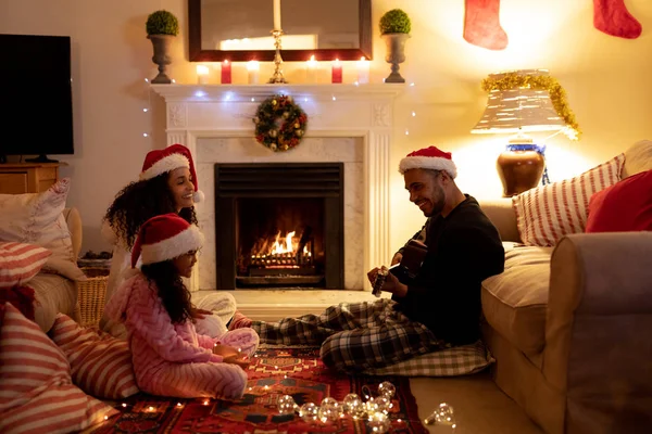 Side View Mixed Race Couple Sitting Floor Young Daughter Sitting — Stock Photo, Image