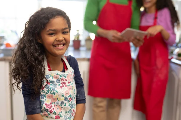 Portrait Young Mixed Race Girl Kitchen Christmas Smiling Camera Her — Stock Photo, Image