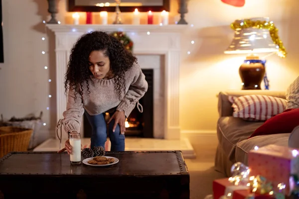 Front View Mixed Race Woman Her Sitting Room Christmas Putting — Stock Photo, Image