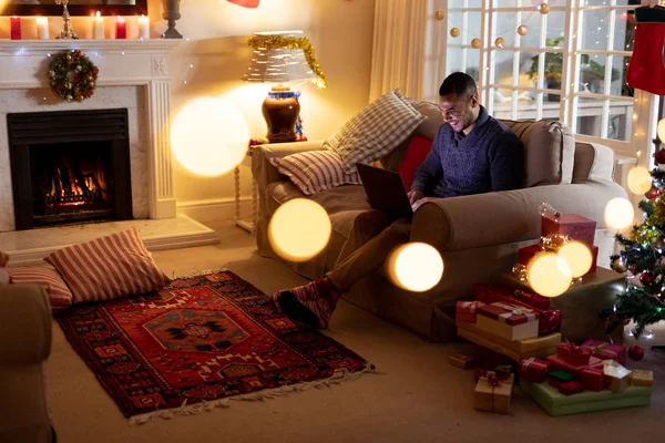 Side View Mixed Race Man Sitting Sofa Her Sitting Room — Stock Photo, Image