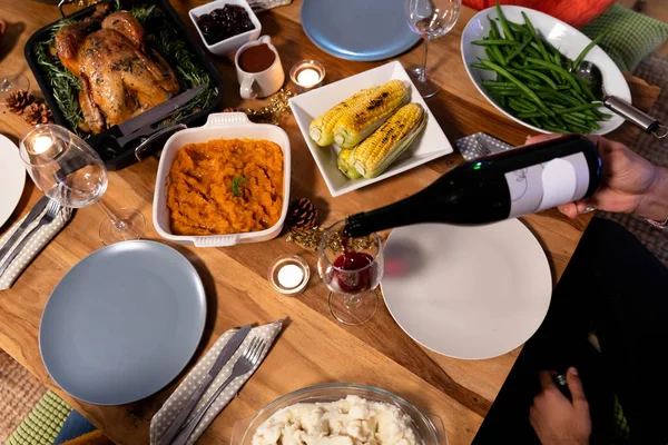 High Angle View Man Sitting Table Home Set Thanksgiving Dinner — Stock Photo, Image