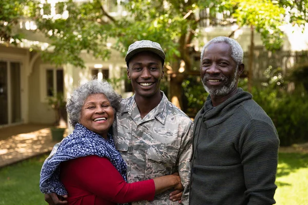 Portrait Young Adult African American Male Soldier Garden His Home — 图库照片