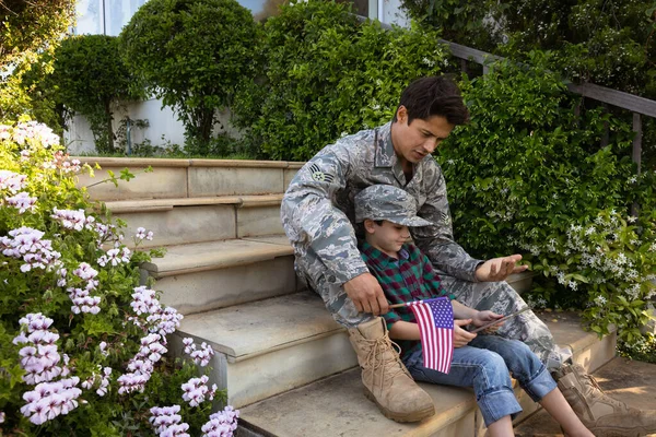 Side View Young Adult Mixed Race Male Soldier Garden His — Stock Photo, Image