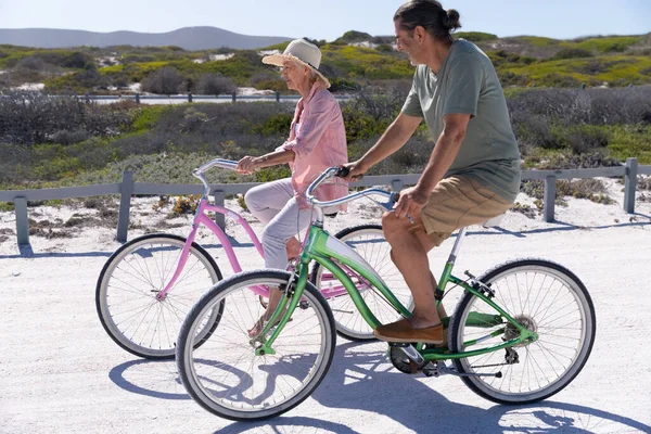 在阳光明媚的日子里 白种人的一对老夫妻在海滩上享受时光 他们骑自行车 背景是沙子 — 图库照片