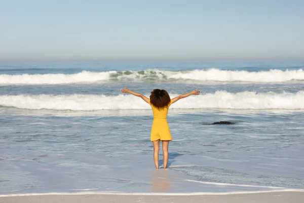 Rear View Happy Attractive Mixed Race Woman Her Arms Outstretched — Stock Photo, Image