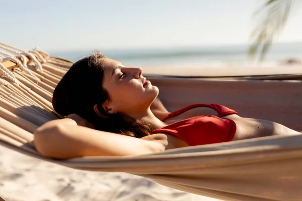 Caucasian Woman Enjoying Her Time Beach Sunny Day Lying Hammock Stock Image