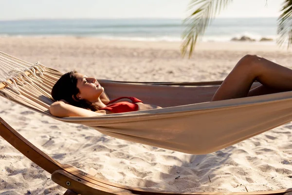 Caucasian Woman Enjoying Her Time Beach Sunny Day Lying Hammock Stock Picture