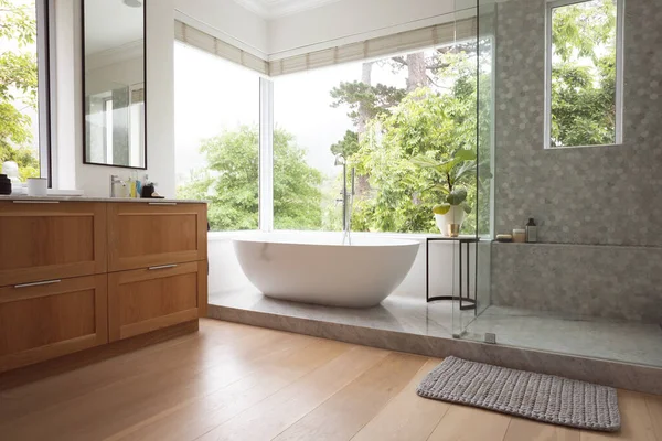 Moderno Cuarto Baño Interior Que Muestra Bañera Independiente Con Grandes —  Fotos de Stock