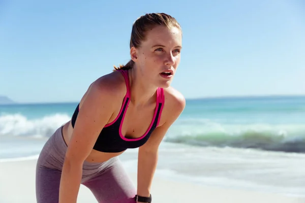 Attractive Blonde Caucasian Woman Enjoying Time Beach Sunny Day Taking — Stock Photo, Image