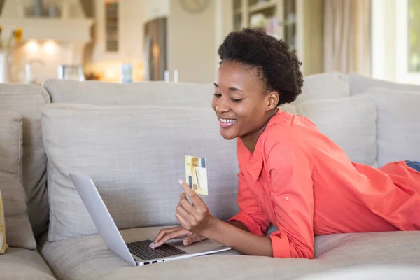 Mixed Race Woman Spending Time Home Lying Couch Using Laptop — Stock Photo, Image