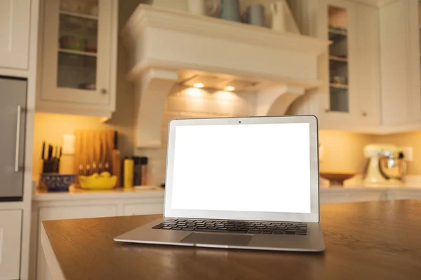 Close View Laptop Computer Bright Kitchen Interior Self Isolating Social — Stock Photo, Image