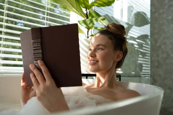 Caucasian Woman Spending Time Home Having Foamy Bath Reading Book — Stock Photo, Image