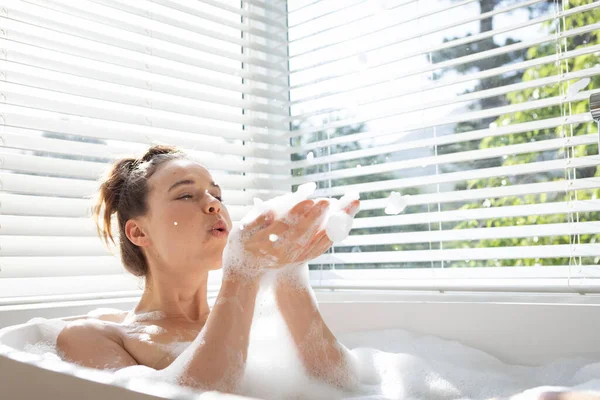 Caucasian Woman Spending Time Home Blowing Foam Having Bath Lifestyle — Stock Photo, Image