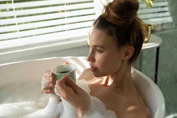 Caucasian Woman Spending Time Home Having Foamy Bath Drinking Coffee — Stock Photo, Image