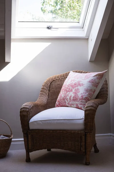 Modern Room Interior Showing Wicker Sofa Chair Patterned Pillow Standing — Stock Photo, Image