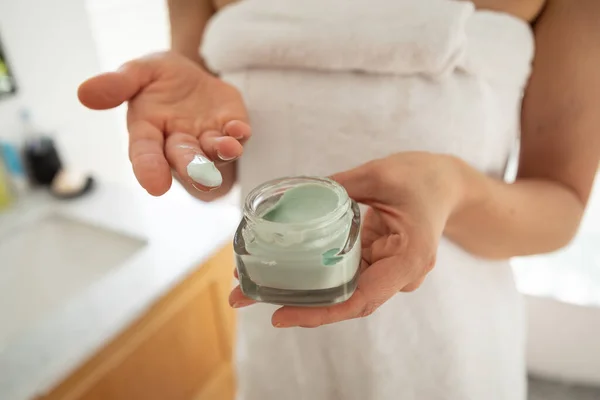 Hands Woman Spending Time Home Wearing Towel Using Face Pack — Stock Photo, Image