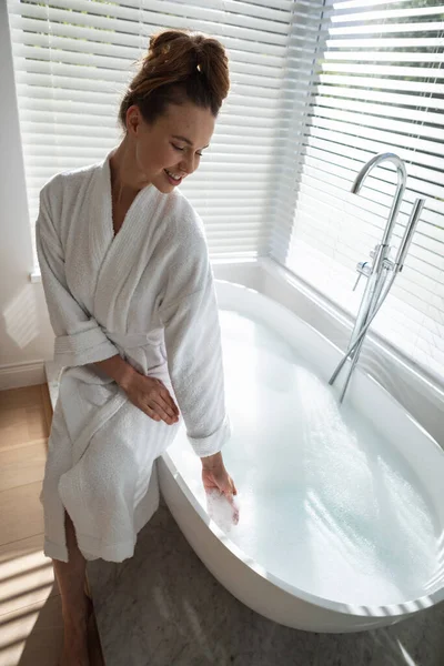 Caucasian Woman Spending Time Home Wearing Bathrobe Sitting Bathtub Lifestyle — Stock Photo, Image