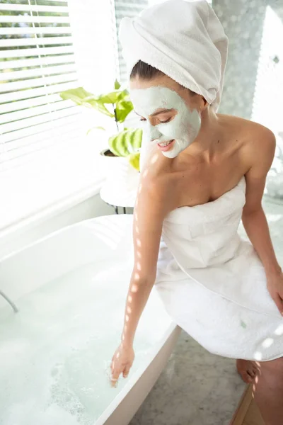 Caucasian Woman Spending Time Home Wearing Towel Face Pack Lifestyle — Stock Photo, Image