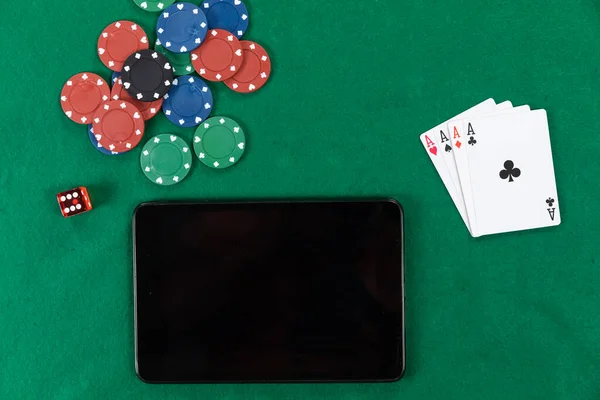 Close Top View Black Tablet Playing Cards Red Dice Colorful — Stock Photo, Image