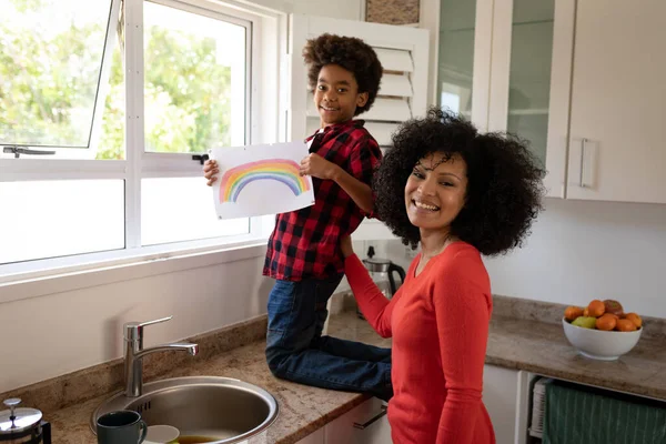 Mixed Race Mother Son Enjoying Family Time Together Home Social — Stock Photo, Image