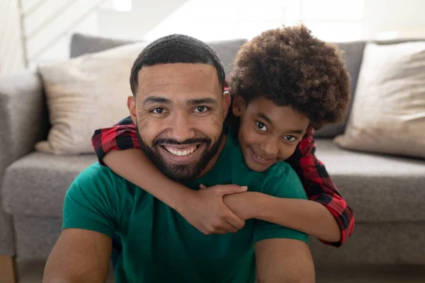 Mixed Race Father Son Enjoying Family Time Together Home Social — Stock Photo, Image