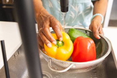 Senior biracial woman rinses colorful bell peppers and a cucumber under a tap. She is preparing fresh ingredients for a healthy meal in a home kitchen setting. clipart