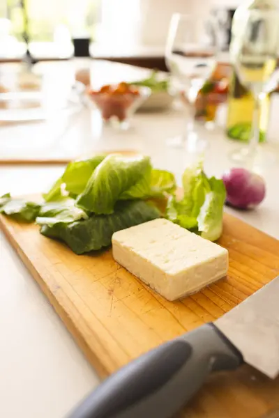 Block Cheese Fresh Lettuce Cutting Board Knife Nearby Setting Suggests — Stock Photo, Image