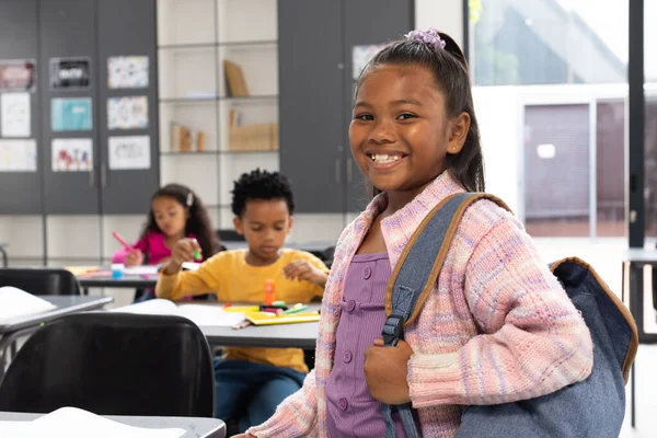 Biracial Girl Smiling Copy Space School Classroom Classroom Setting Another — Stock Photo, Image