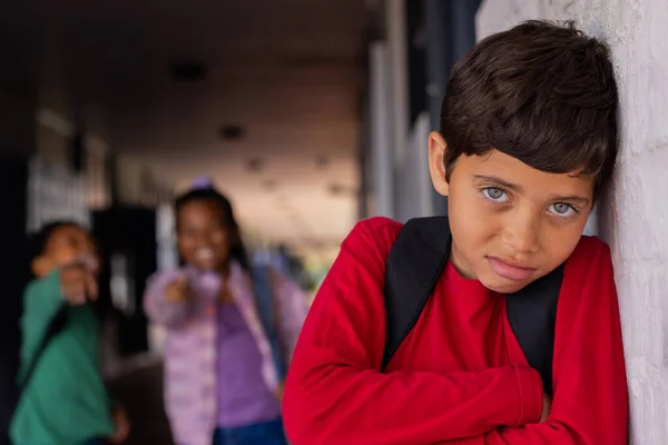 Biracial Boy Leans White Wall Looking Pensive Victim Bullying School — Stock Photo, Image