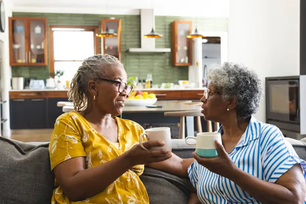 Senior African American woman and senior biracial woman share a conversation over coffee at home. They are comfortably seated in a home setting, exuding warmth and companionship.