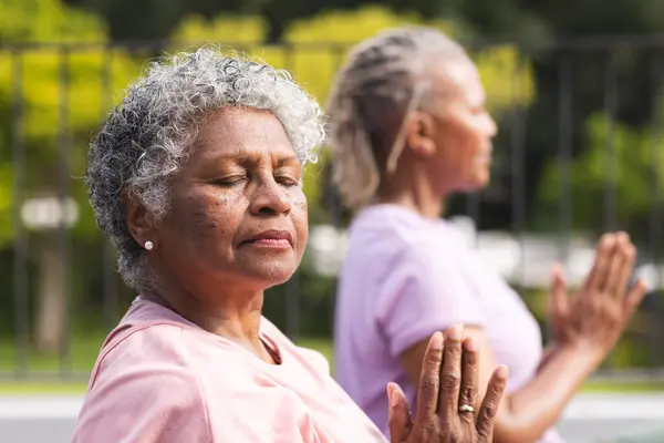 Senior African American Woman Senior Biracial Woman Practice Yoga Outdoors — Stock Photo, Image