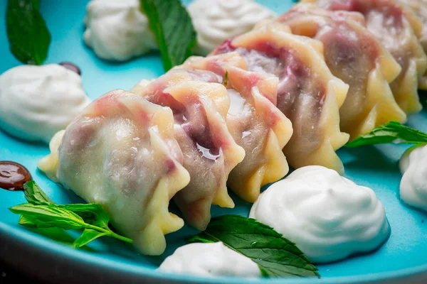 Dumplings Cherries Sauce Plate — Stock Photo, Image