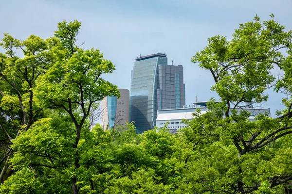Osaka, Japan city skyline at the castle and business park in the spring.
