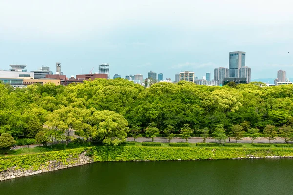 Osaka Ciudad Japón Skyline Castillo Parque Negocios Primavera —  Fotos de Stock