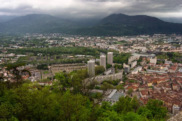Amazing view with Isere river  and buildings architecture. .View from above, from Fort Bastille in Grenoble, France