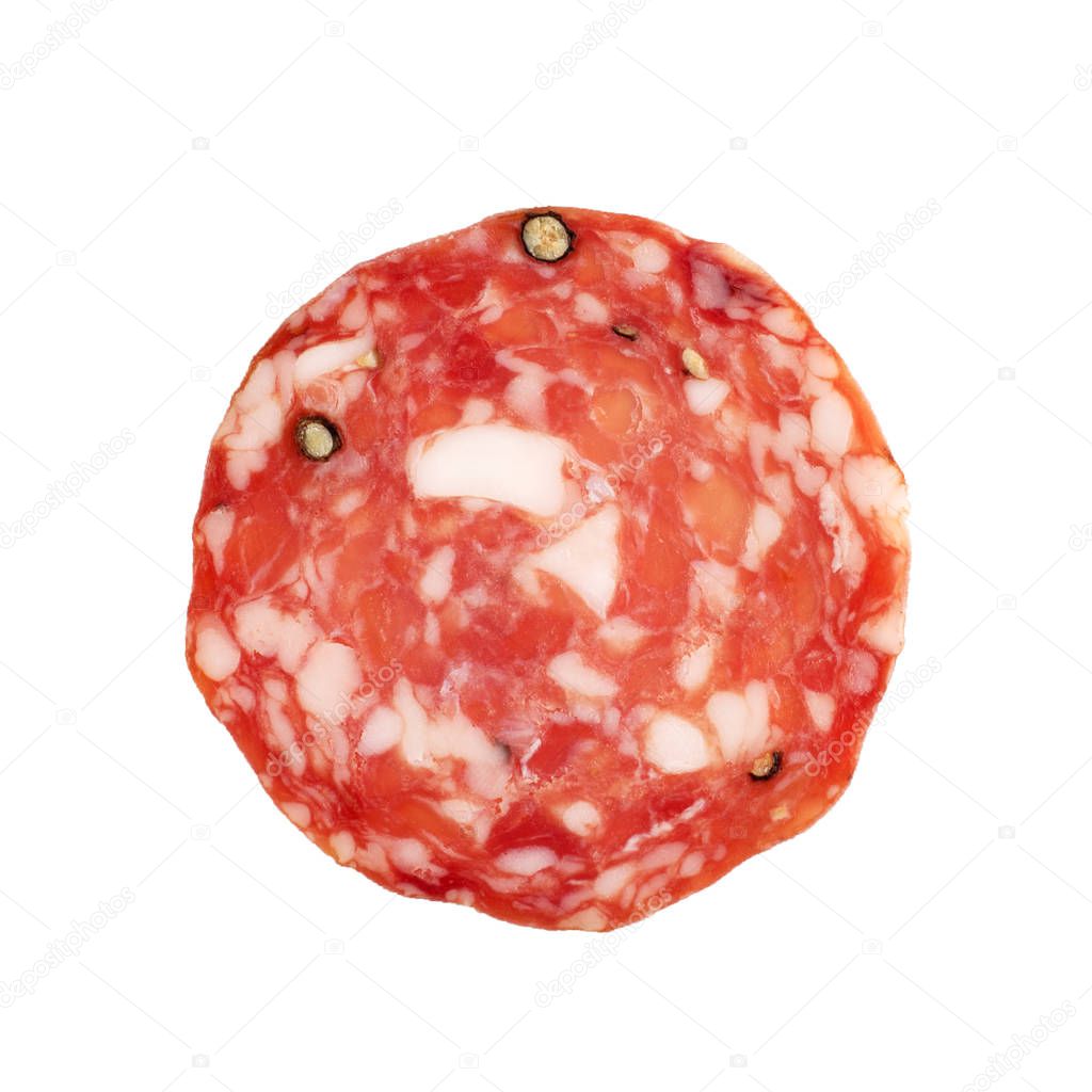 Spicy, dry, thin  sausage slice  isolated. Top view,  horizontal orientation.