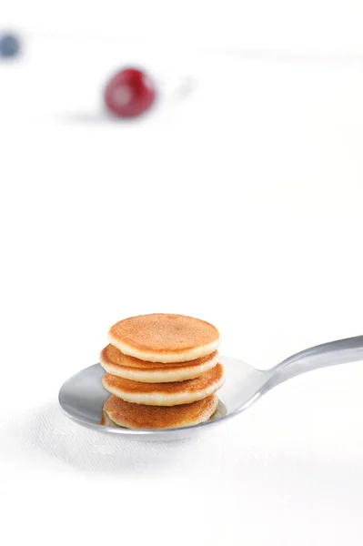 Homemade Tiny Cereal Pancakes Spoon Trendy Breakfast Vertical Orientation — Stock Photo, Image