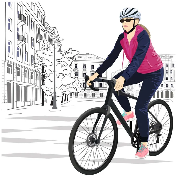 Žena cyklistka ve městě — Stockový vektor