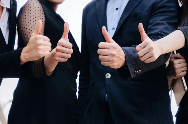 close up of hand group of young business people team in suit showing thumbs up as like sign together in the city, successful, support, meeting, partner, teamwork, community and connection concept