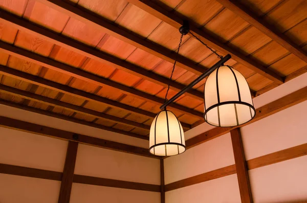 group of vintage lights lamps Japanese style hanging on wooden ceiling in the traditional Japanese or Chinese room at temple, interior and vintage retro decoration concept