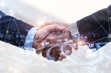 iş insanlar el sıkışma küresel ağ bağlantı bağlantı sonuç diyagramı, dijital teknoloji, internet iletişim, takım çalışması ve iş ortaklık kavramı soyut şehir zemin üzerine