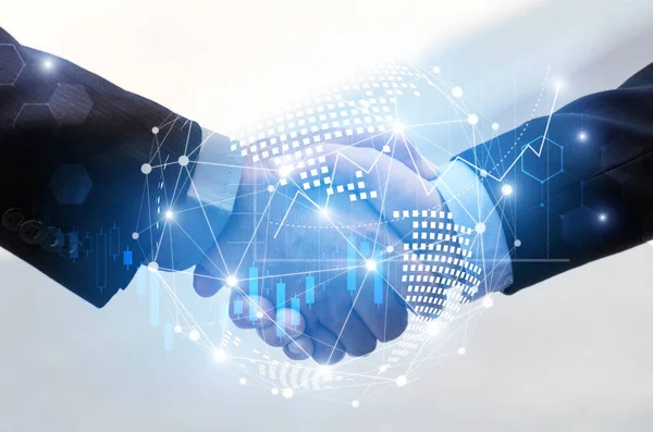 iş adamı karşılıklı etkisi küresel dünya harita ağ ile bağlantı bağlantı ve grafik grafik borsa grafik Diyagramı, dijital teknoloji, internet iletişim, ekip çalışması, ortaklık kavramı