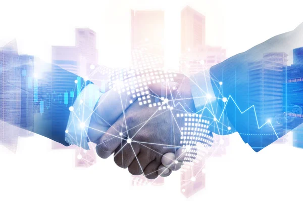 Partner. investor business man handshake with partner for successful project meeting with world map global network link connection and city background, investment, partnership and teamwork concept