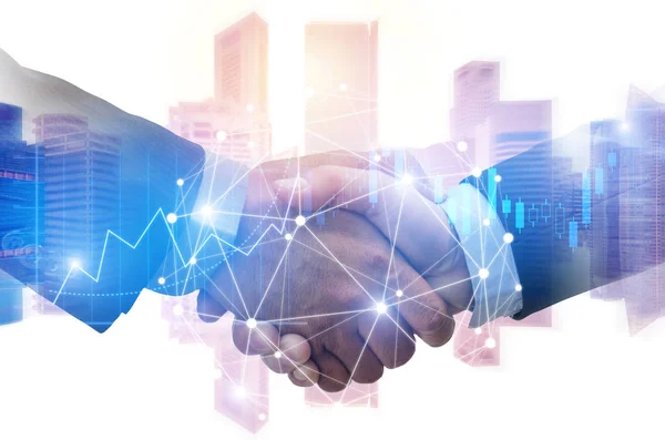 Podwójny Obraz Ekspozycji Inwestora Biznesu Handshake Człowieka Partnerem Połączenia Sieci — Zdjęcie stockowe