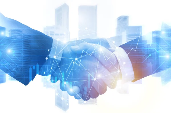 cityscape arka plan, dijital teknoloji, internet iletişimi, ortaklık kavramı forex ticaret grafik diyagramı için borsa yatırım ticaret grafik grafik ile el sıkışma iş adam