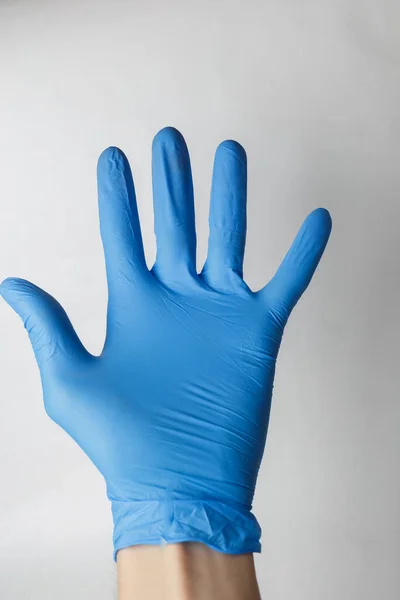 Mão Uma Luva Médica Gestos Adequado Para Demonstrar Algo Sobre — Fotografia de Stock