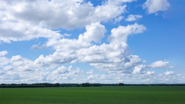 Bulutlarla dolu gökyüzüne karşı yeşil çayır, güneşli bir gün.