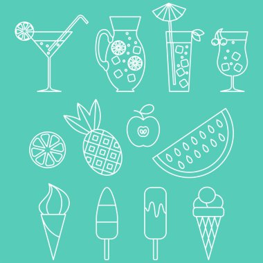 12 yaz simgeler kümesi. Soğuk içecekler, meyve, dondurma